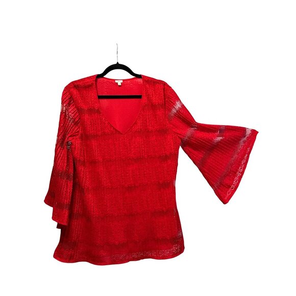 Reba Tops - Reba Red Lace Bell Sleeve Top Lined V-Neck Womens Size L